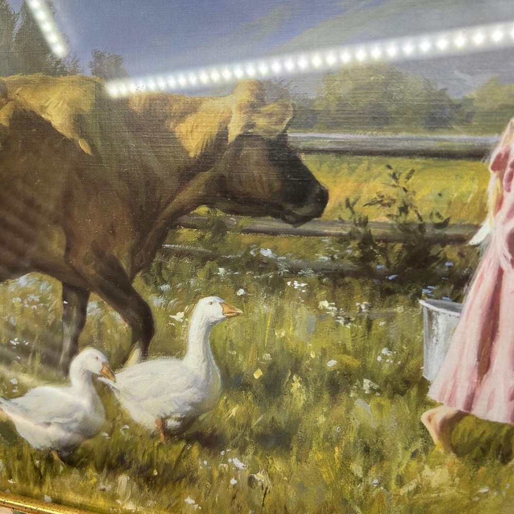 Vintage 80s Cow Farm Prairie Artwork Pair Floral Gold Framed Cottagecore Prints - Picture 7 of 14